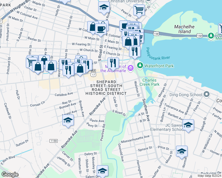 map of restaurants, bars, coffee shops, grocery stores, and more near 605 Cale Street in Elizabeth City