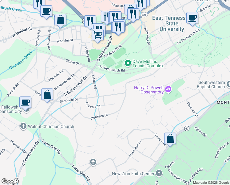 map of restaurants, bars, coffee shops, grocery stores, and more near 1500 Seminole Drive in Johnson City