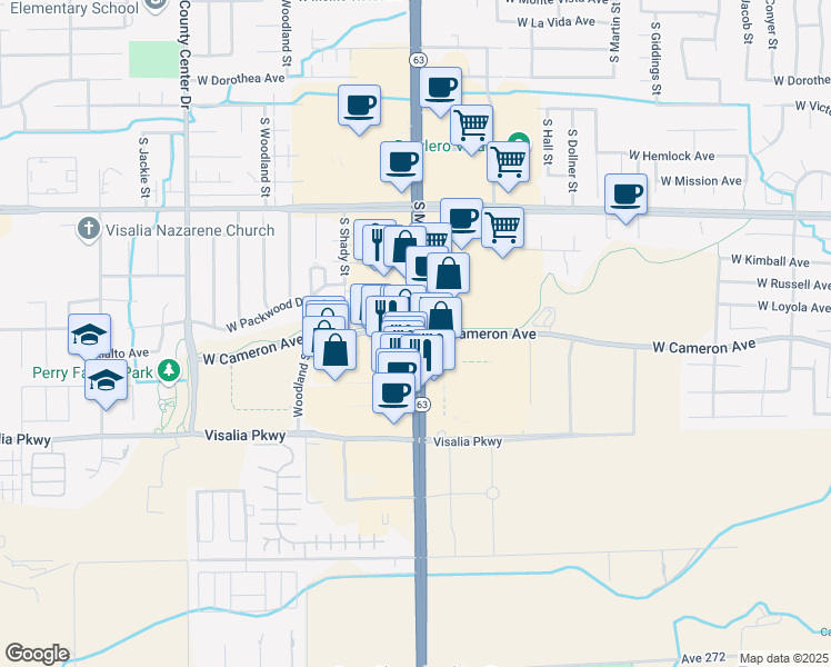 map of restaurants, bars, coffee shops, grocery stores, and more near 4005 South Mooney Boulevard in Visalia