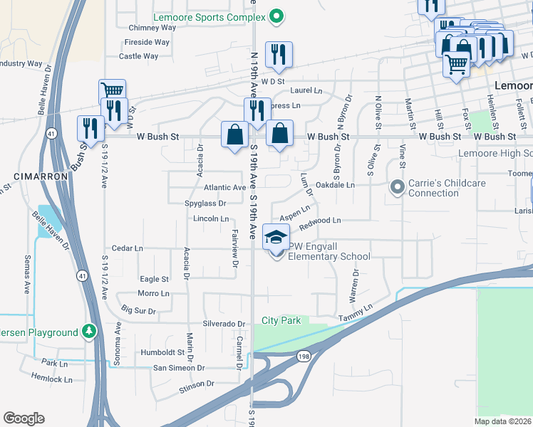 map of restaurants, bars, coffee shops, grocery stores, and more near 355 Kenwood Drive in Lemoore