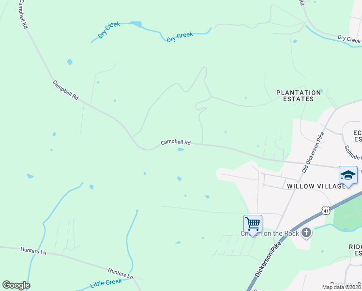 map of restaurants, bars, coffee shops, grocery stores, and more near 1297 Campbell Road in Goodlettsville