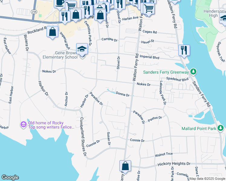 map of restaurants, bars, coffee shops, grocery stores, and more near 250 Donna Drive in Hendersonville