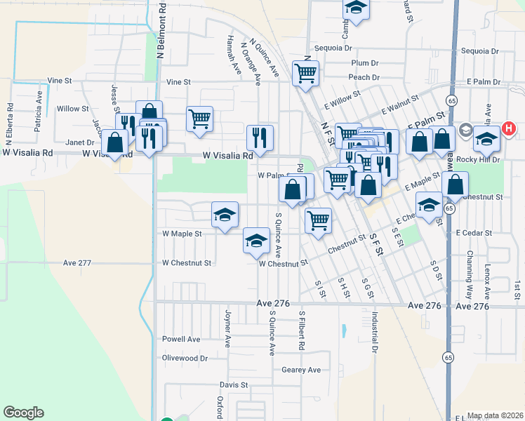 map of restaurants, bars, coffee shops, grocery stores, and more near 109 South Orange Avenue in Exeter