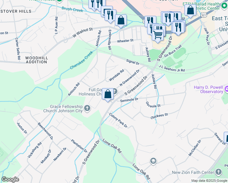 map of restaurants, bars, coffee shops, grocery stores, and more near 2229 North Greenwood Drive in Johnson City