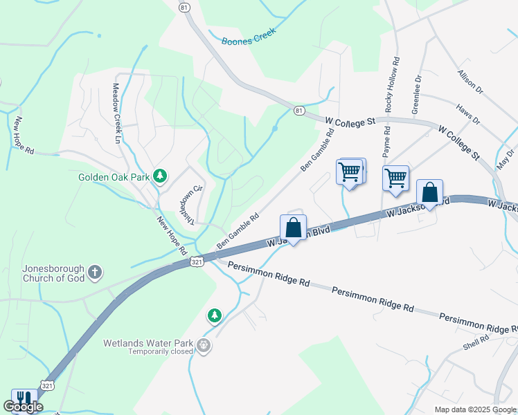 map of restaurants, bars, coffee shops, grocery stores, and more near 1406 Ben Gamble Road in Jonesborough
