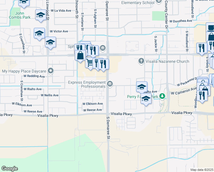 map of restaurants, bars, coffee shops, grocery stores, and more near 3821 South Demaree Street in Visalia