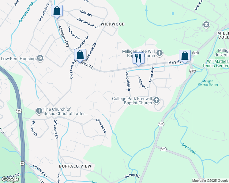map of restaurants, bars, coffee shops, grocery stores, and more near 121 Amherst Circle in Johnson City