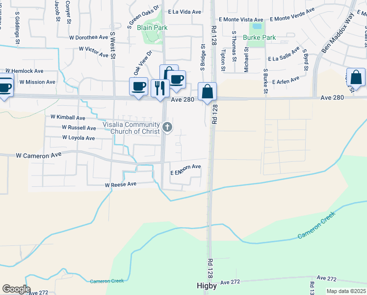 map of restaurants, bars, coffee shops, grocery stores, and more near 200 East Cameron Avenue in Visalia