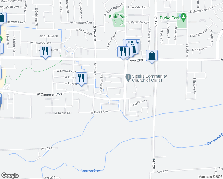 map of restaurants, bars, coffee shops, grocery stores, and more near 219 West Loyola Avenue in Visalia