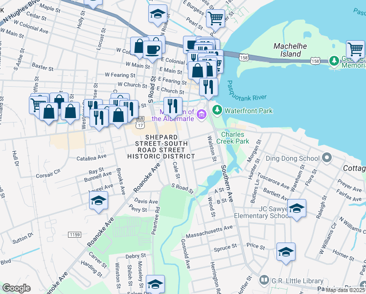 map of restaurants, bars, coffee shops, grocery stores, and more near 604 South Martin Street in Elizabeth City
