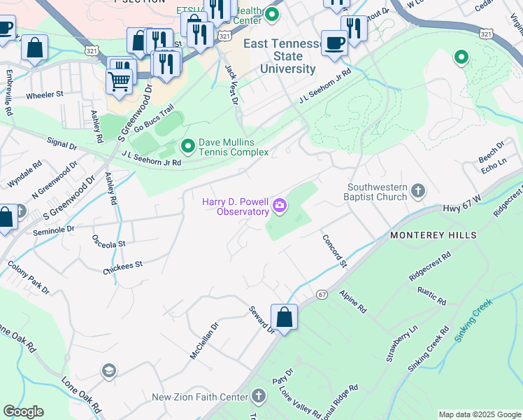 map of restaurants, bars, coffee shops, grocery stores, and more near 1407 Narrow Lane in Johnson City