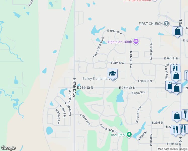 map of restaurants, bars, coffee shops, grocery stores, and more near 9806 North 100th East Avenue in Owasso