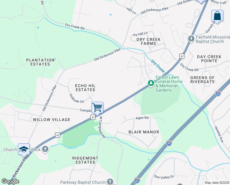 map of restaurants, bars, coffee shops, grocery stores, and more near 1219 Dickerson Road in Goodlettsville