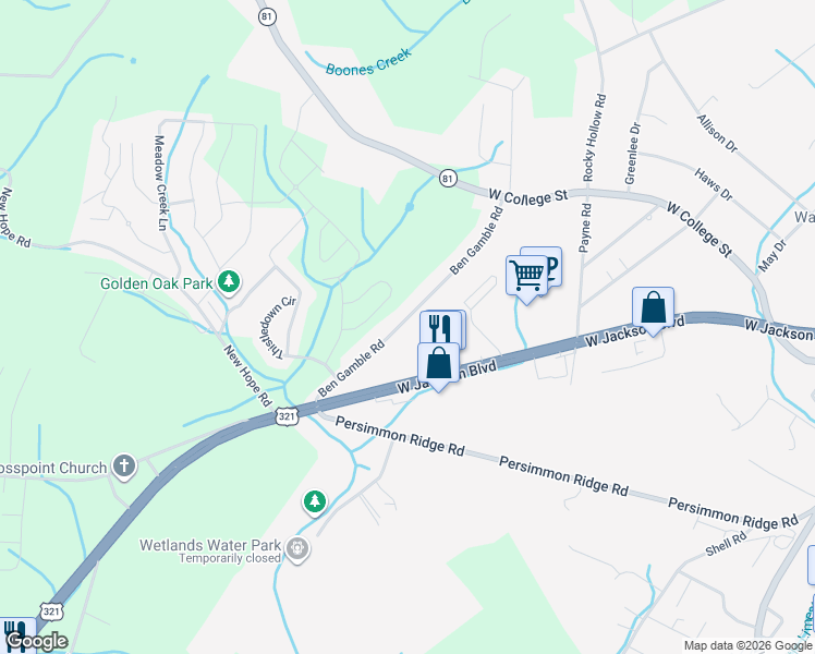 map of restaurants, bars, coffee shops, grocery stores, and more near 1500 West Jackson Boulevard in Jonesborough