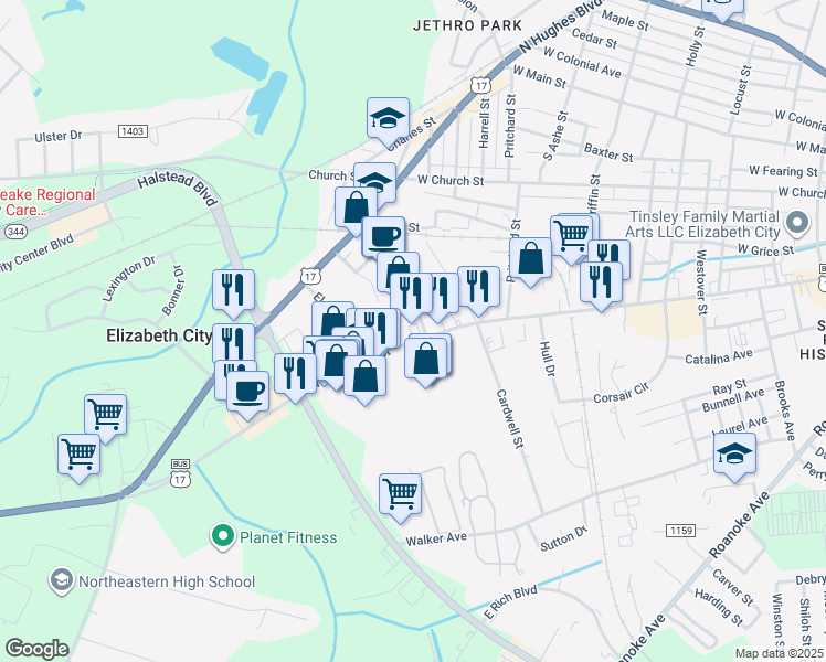 map of restaurants, bars, coffee shops, grocery stores, and more near 1401 West Ehringhaus Street in Elizabeth City
