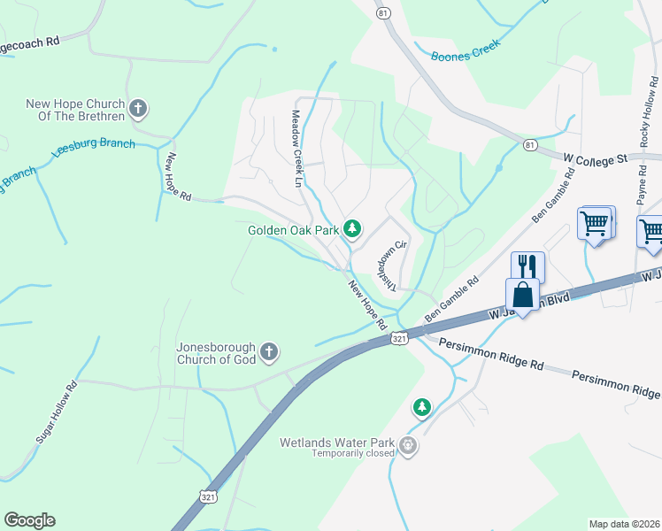 map of restaurants, bars, coffee shops, grocery stores, and more near 163 New Hope Road in Jonesborough