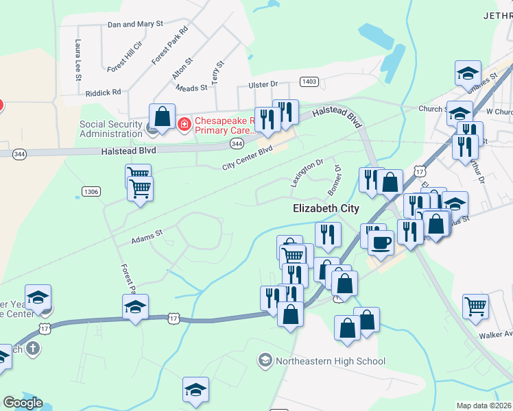 map of restaurants, bars, coffee shops, grocery stores, and more near 1821 Providence Circle in Elizabeth City