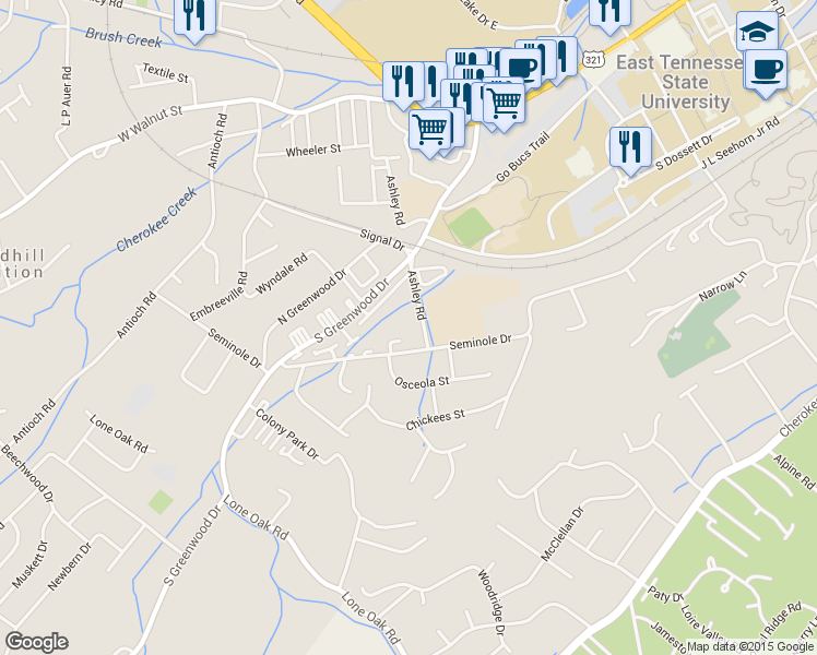 map of restaurants, bars, coffee shops, grocery stores, and more near 1204 Ashley Road in Johnson City