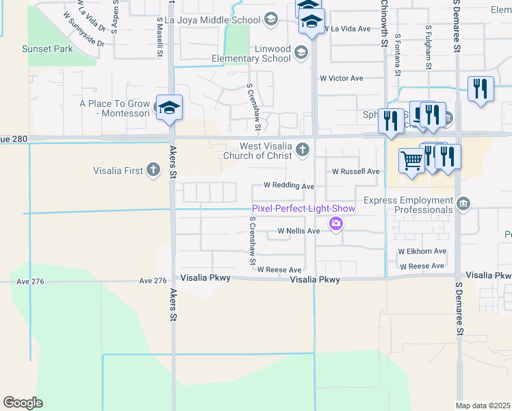 map of restaurants, bars, coffee shops, grocery stores, and more near 4827 West Concord Avenue in Visalia