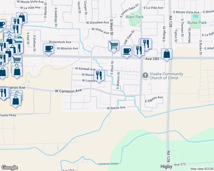 map of restaurants, bars, coffee shops, grocery stores, and more near 3849 South West Street in Visalia
