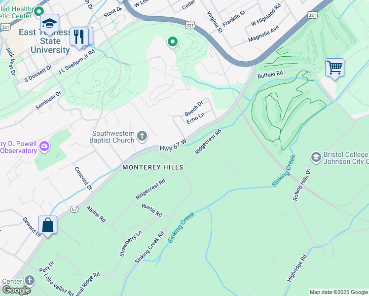 map of restaurants, bars, coffee shops, grocery stores, and more near 915 Cherokee Road in Johnson City