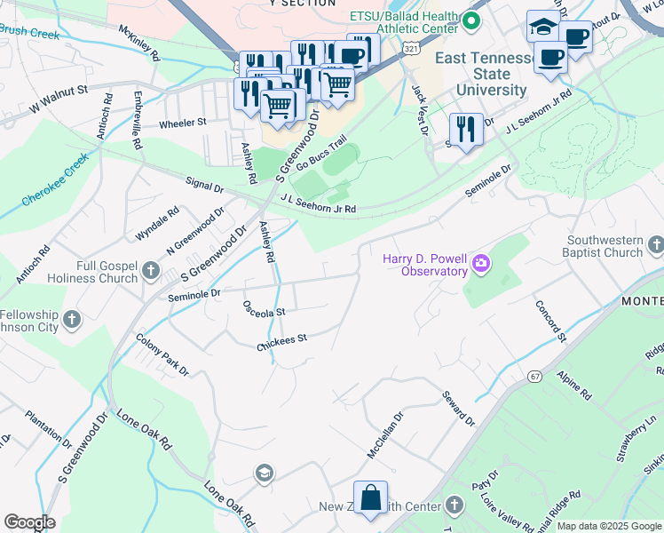 map of restaurants, bars, coffee shops, grocery stores, and more near 1402 Seminole Drive in Johnson City