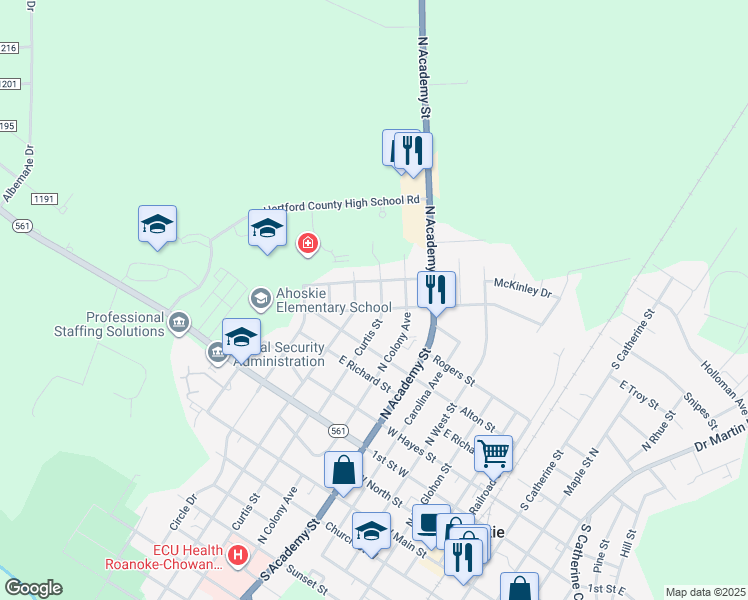 map of restaurants, bars, coffee shops, grocery stores, and more near 900 East Troy Street in Ahoskie