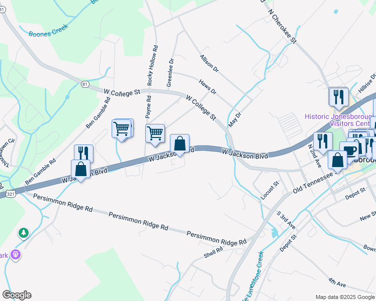 map of restaurants, bars, coffee shops, grocery stores, and more near 804 West Jackson Boulevard in Jonesborough