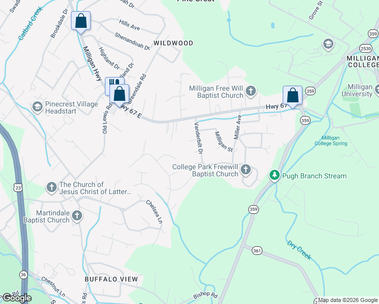 map of restaurants, bars, coffee shops, grocery stores, and more near 116 Clemson Court in Johnson City
