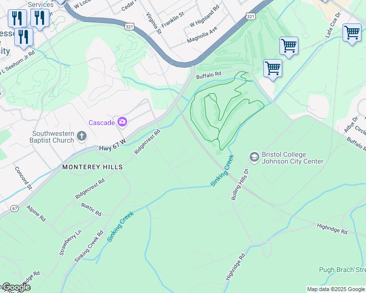 map of restaurants, bars, coffee shops, grocery stores, and more near 2003 Pleasant View Drive in Johnson City