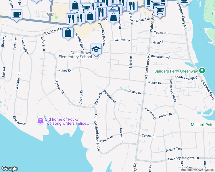 map of restaurants, bars, coffee shops, grocery stores, and more near 250 Stadium Drive in Hendersonville
