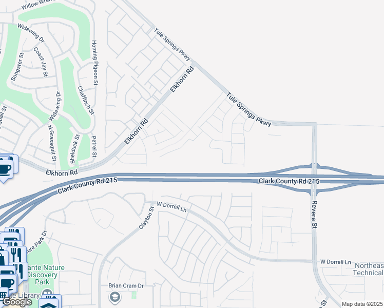 map of restaurants, bars, coffee shops, grocery stores, and more near 1589 Dom River Drive in North Las Vegas