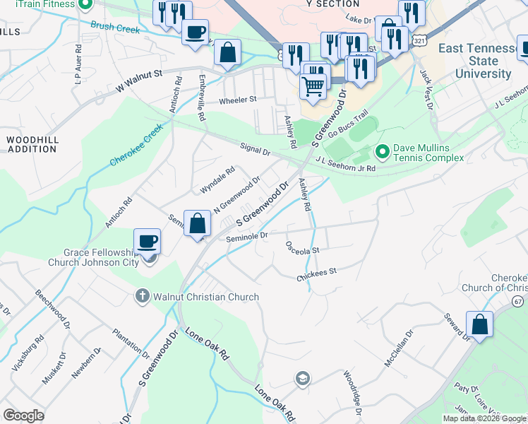 map of restaurants, bars, coffee shops, grocery stores, and more near 204 South Greenwood Drive in Johnson City