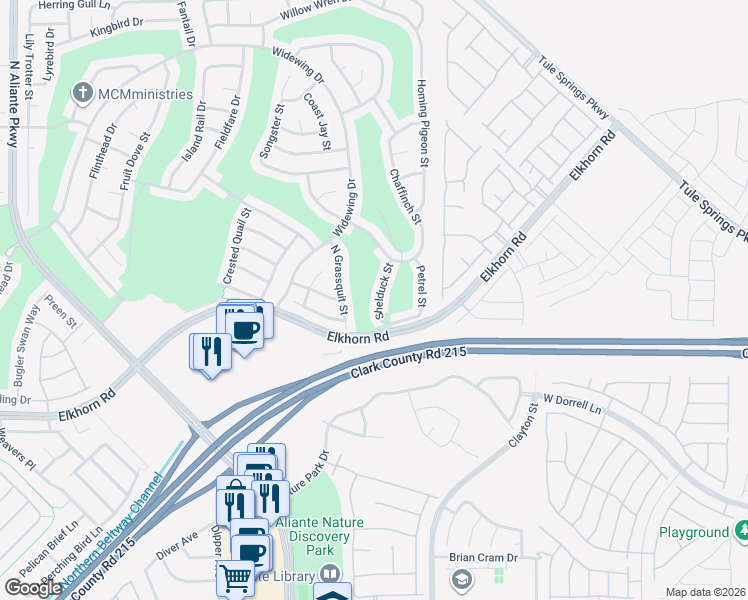 map of restaurants, bars, coffee shops, grocery stores, and more near 7349 Shelduck Street in North Las Vegas