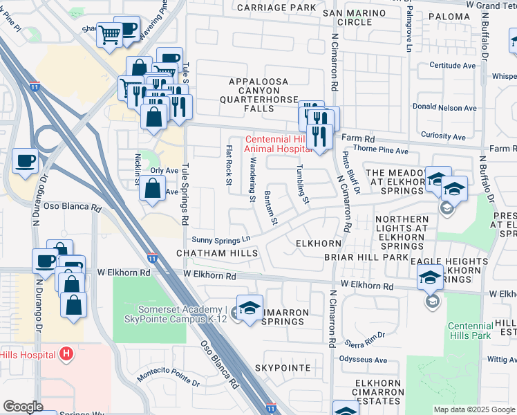 map of restaurants, bars, coffee shops, grocery stores, and more near 7332 Wandering Street in Las Vegas