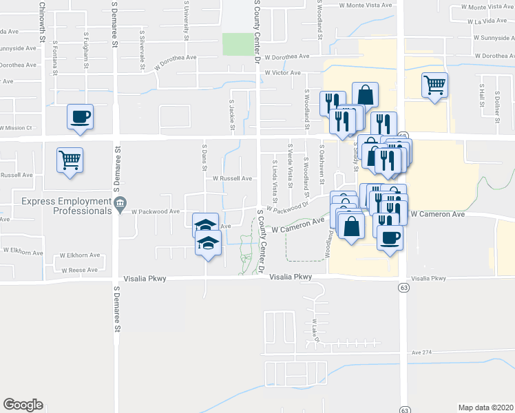map of restaurants, bars, coffee shops, grocery stores, and more near 4011 South County Center Drive in Visalia