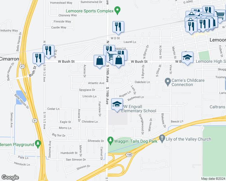 map of restaurants, bars, coffee shops, grocery stores, and more near 315 Kenwood Drive in Lemoore