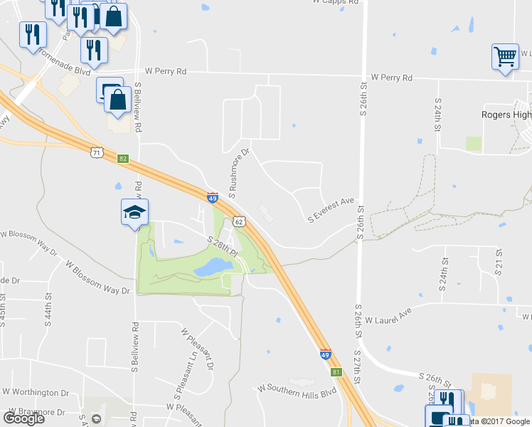 map of restaurants, bars, coffee shops, grocery stores, and more near 2807 West Ajax Avenue in Rogers