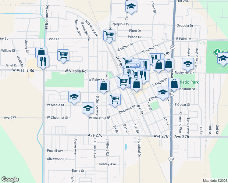 map of restaurants, bars, coffee shops, grocery stores, and more near 109 West Pine Street in Exeter