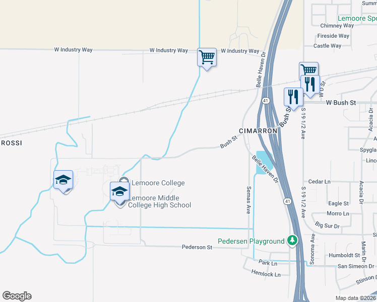map of restaurants, bars, coffee shops, grocery stores, and more near Bush Street in Lemoore