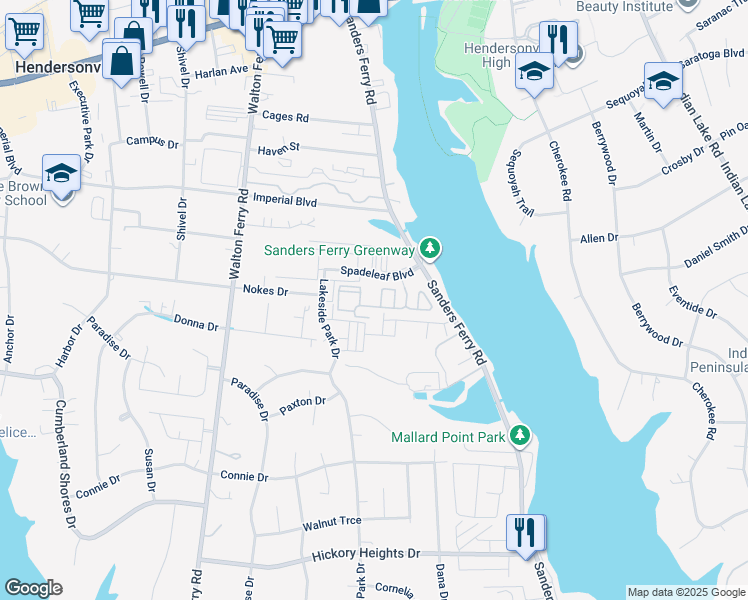 map of restaurants, bars, coffee shops, grocery stores, and more near 101 Spade Leaf Boulevard in Hendersonville