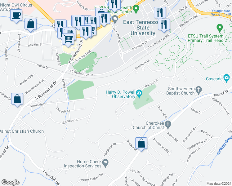 map of restaurants, bars, coffee shops, grocery stores, and more near 1301 Seminole Drive in Johnson City