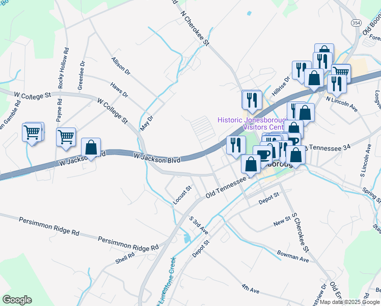 map of restaurants, bars, coffee shops, grocery stores, and more near 406 West Jackson Boulevard in Jonesborough