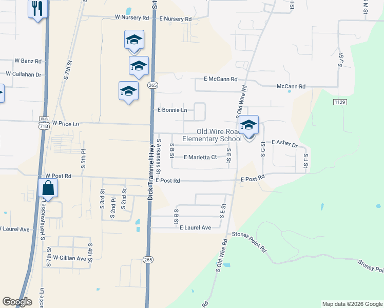 map of restaurants, bars, coffee shops, grocery stores, and more near 310 East Asher Court in Rogers
