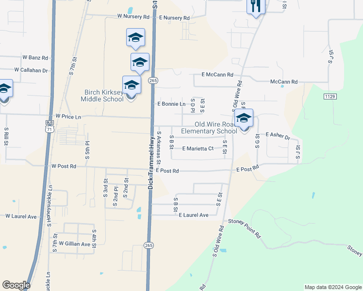map of restaurants, bars, coffee shops, grocery stores, and more near 227 East Marietta Court in Rogers