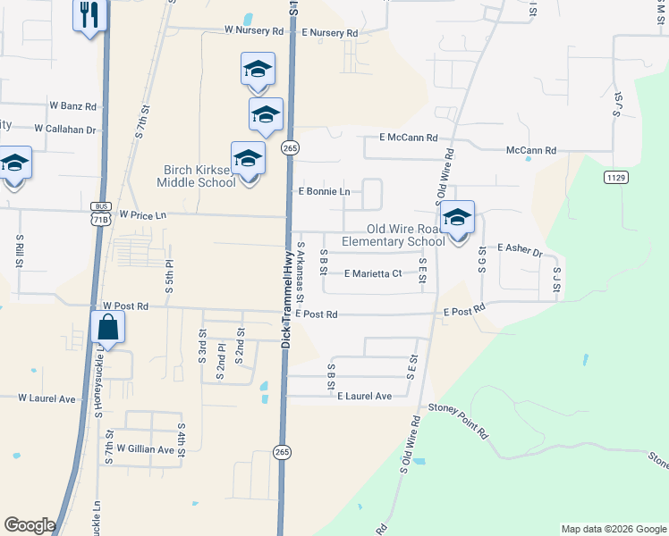 map of restaurants, bars, coffee shops, grocery stores, and more near 202 East Asher Court in Rogers