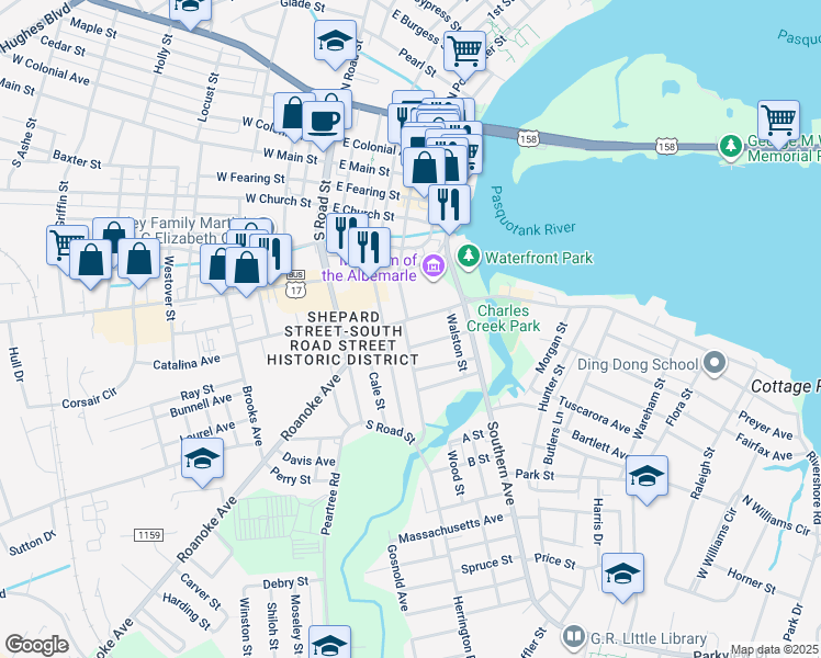 map of restaurants, bars, coffee shops, grocery stores, and more near 406 Shepard Street in Elizabeth City