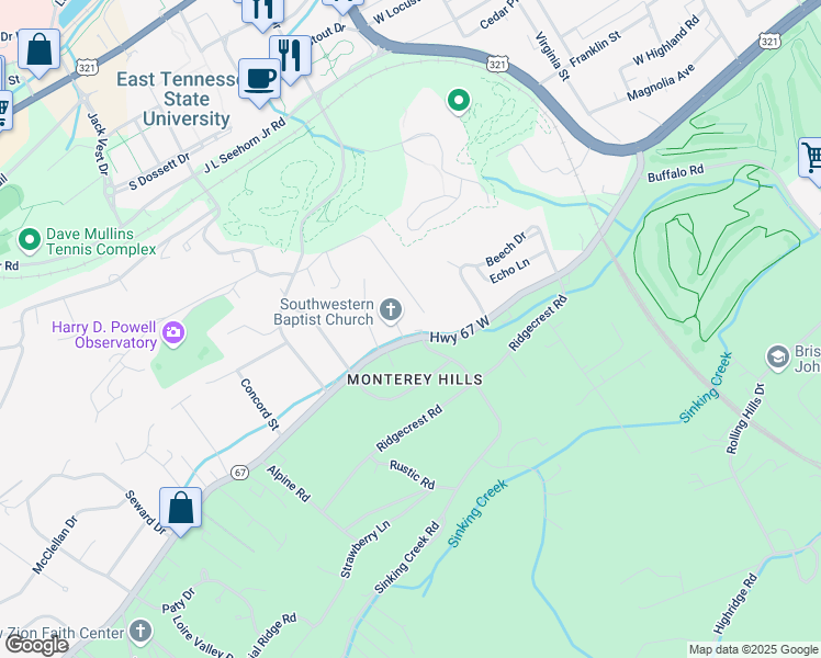 map of restaurants, bars, coffee shops, grocery stores, and more near 1102 Cherokee Road in Johnson City
