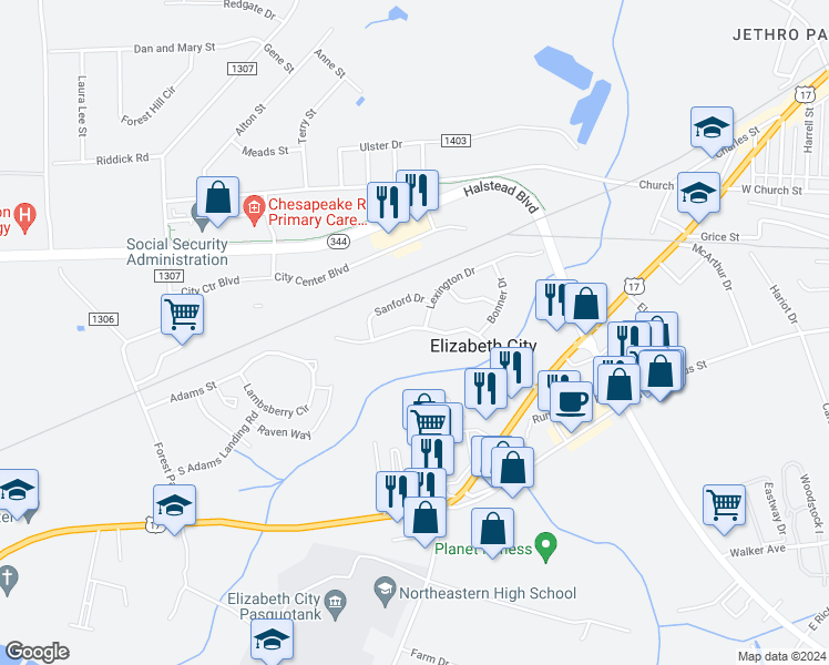 map of restaurants, bars, coffee shops, grocery stores, and more near 1801 Providence Road in Elizabeth City