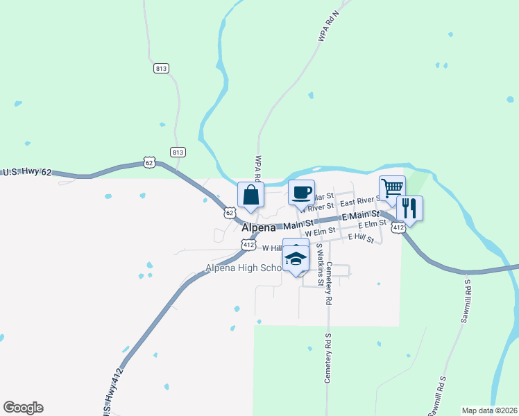 map of restaurants, bars, coffee shops, grocery stores, and more near 102 WPA Road in Alpena